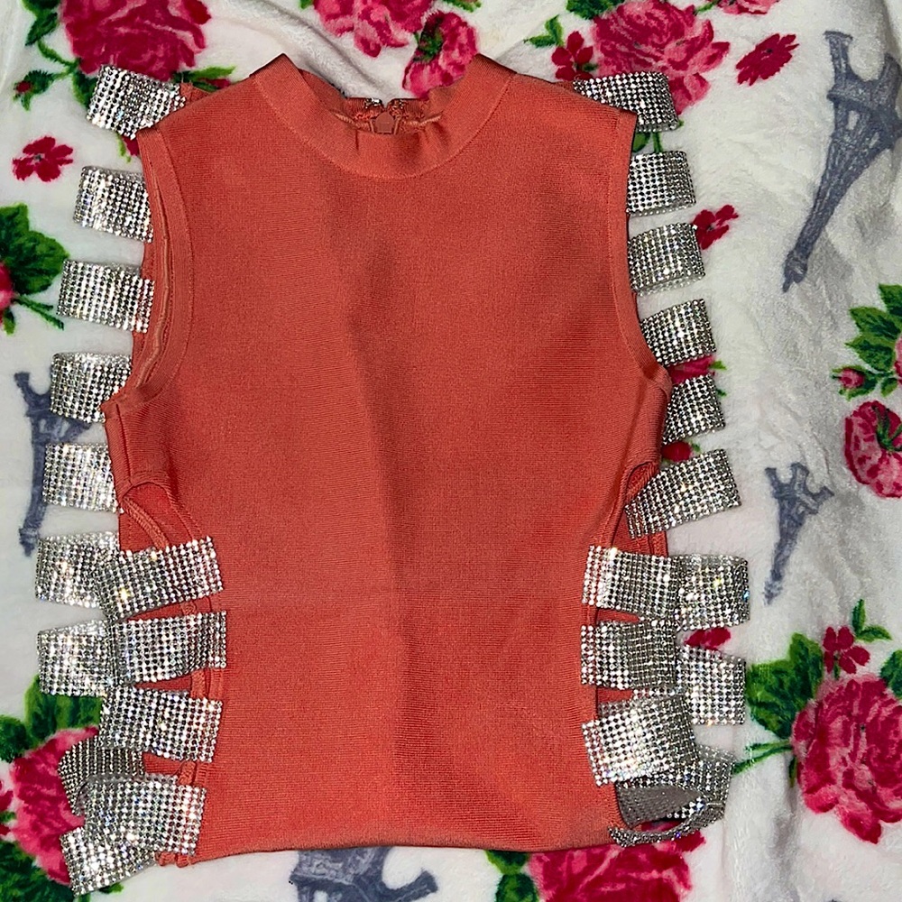 XS NWOT Peach Rhinestone Bondage Dress 🔥🔥